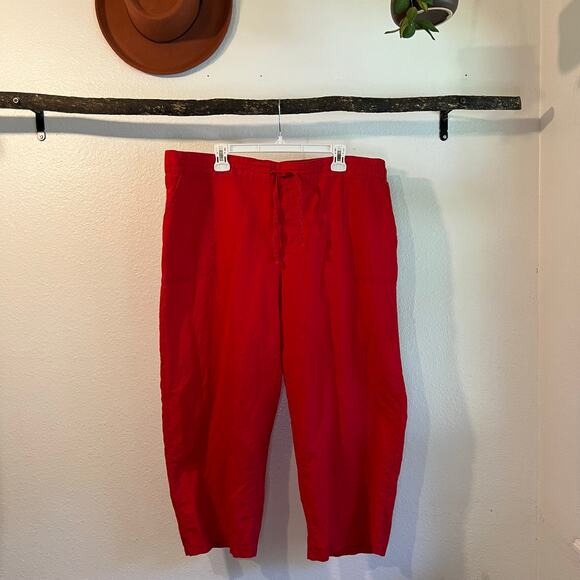 Liz Claiborne Red Linen Cotton Cropped Ankle Relaxed Elastic Waist Pants Size XL - Picture 1 of 12